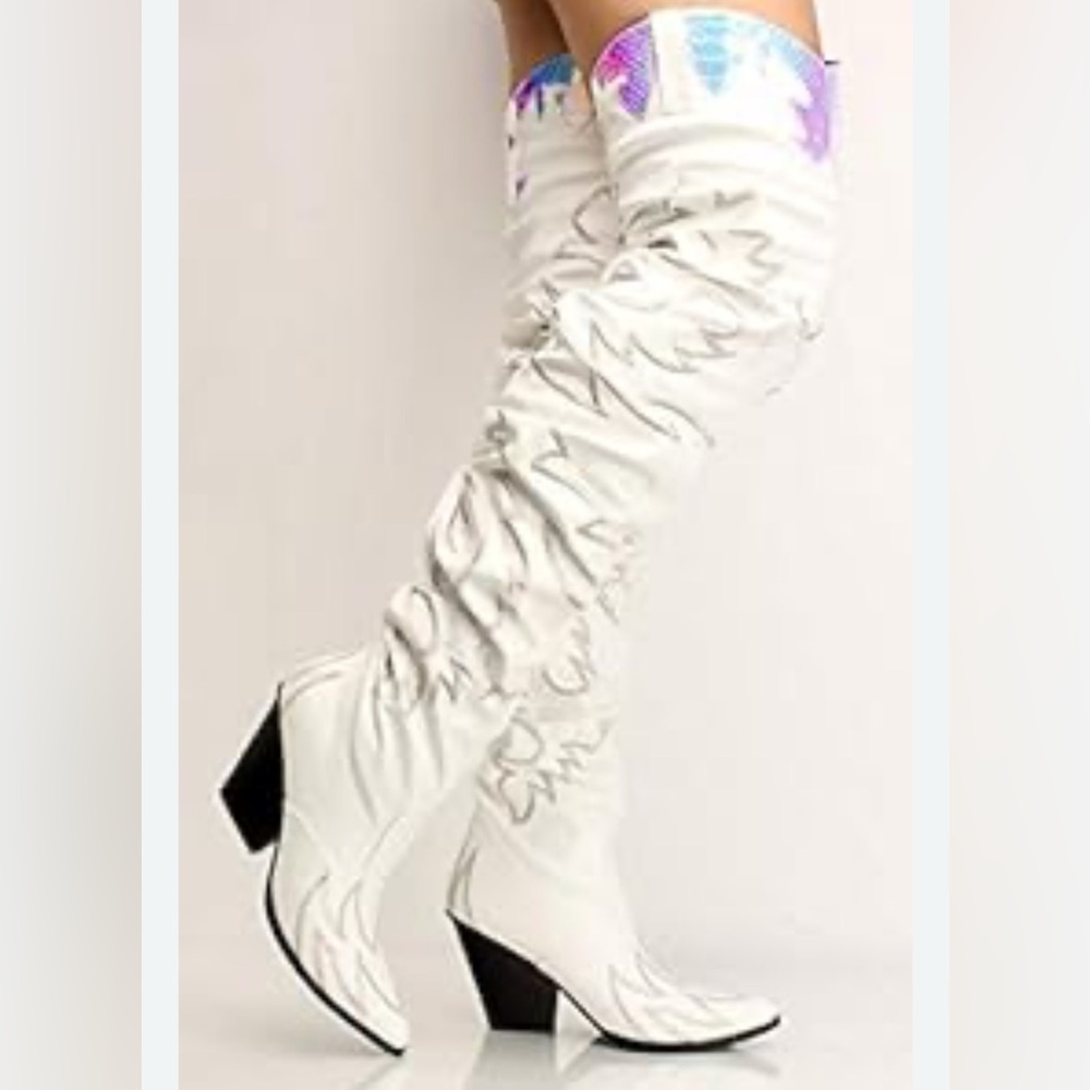 KELSEY-21 White Knee-High Boots with Iridescent Accents Size 7.